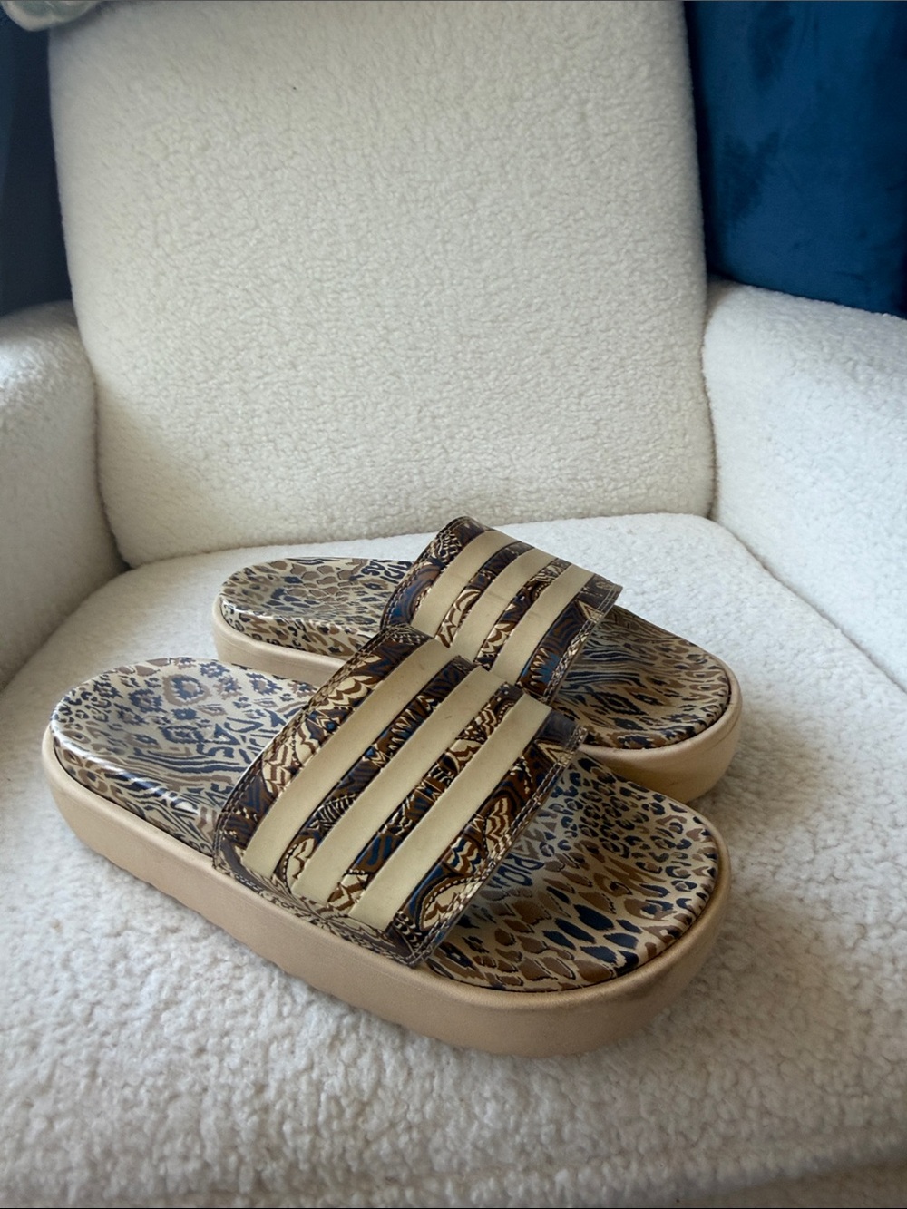 Adidas Beige  Animal-Print platform Slide Sandals - Women's Casual Comfort